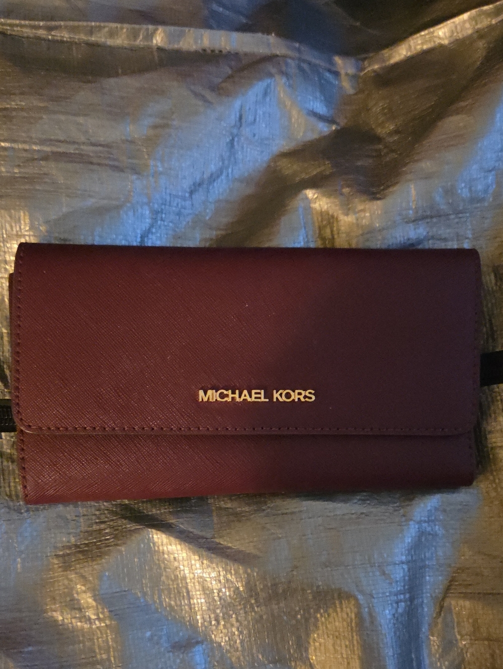 Burgundy Michael Kors Plum Continental Trifold Wallet with Gold Logo